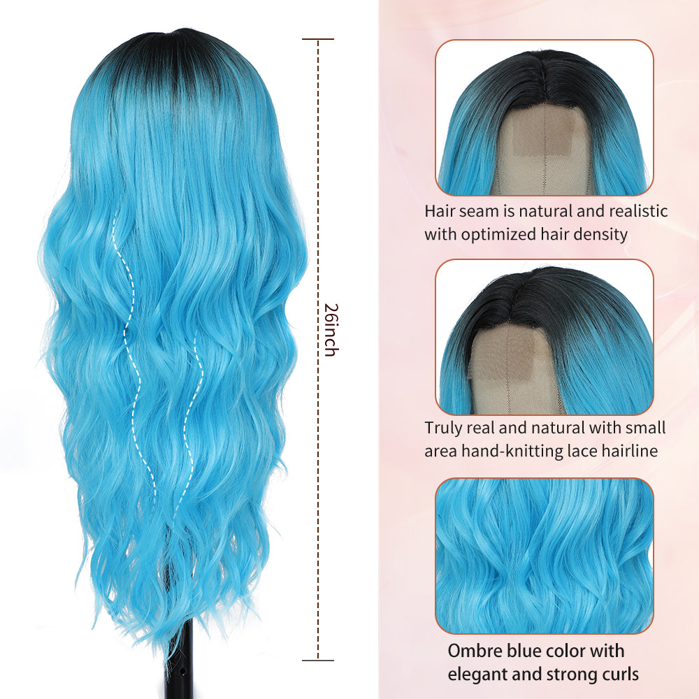 Long Blue Wigs for Women 26 inch Wavy Curly Middle Part Hair Wig Tangle Free Protein Fiber Wig