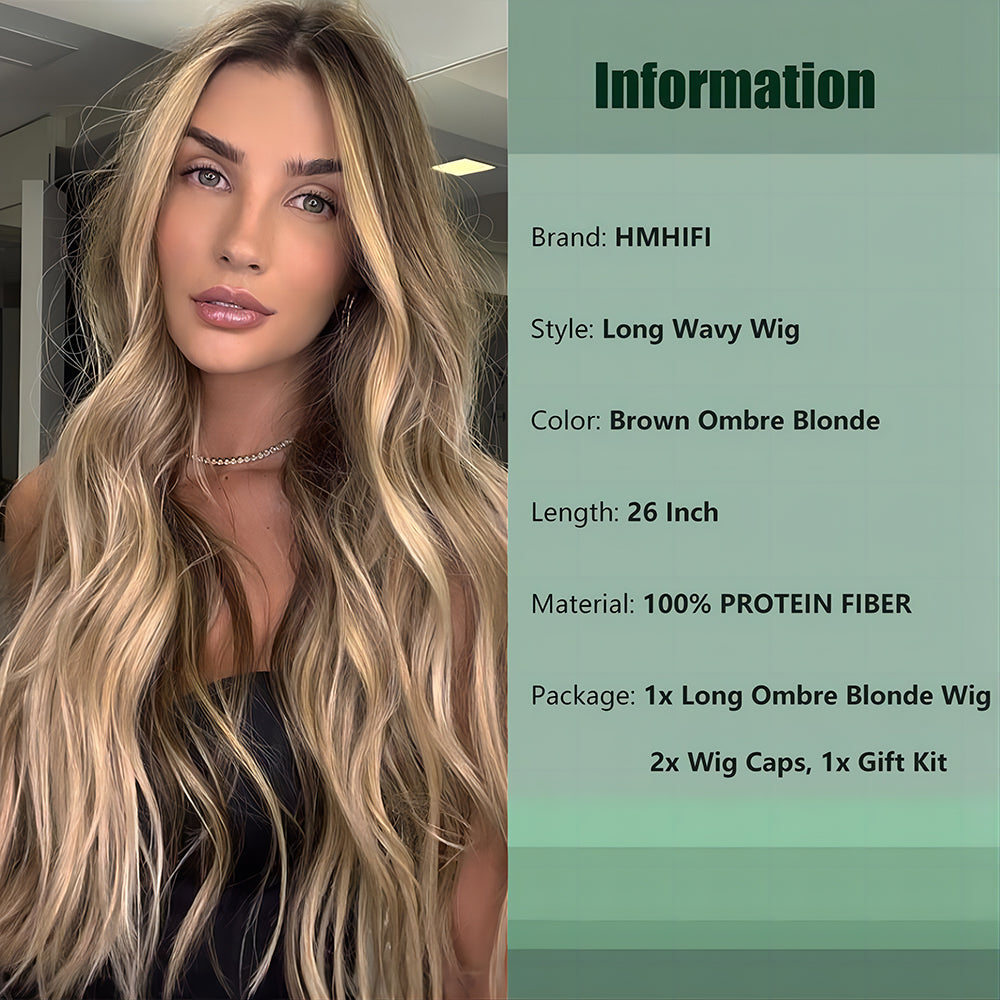 Long Ombre Blonde Wigs for Women 26 inch Wavy Curly Middle Part Hair Wig Tangle Free Protein Fiber Wig