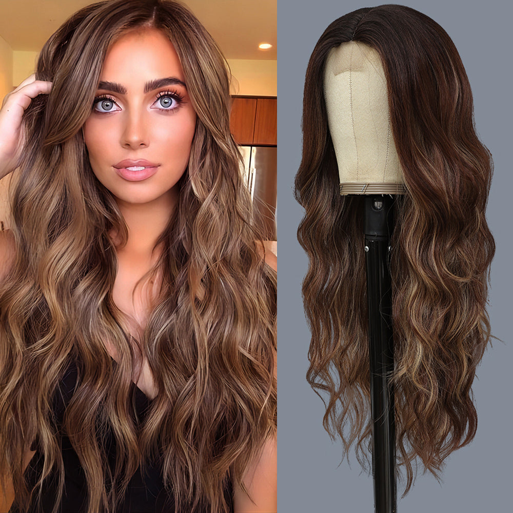 Long Ombre Brown Highlights Blonde Wigs for Women 26 inch Wavy Curly Middle Part Hair Wig Tangle Free Protein Fiber Wig