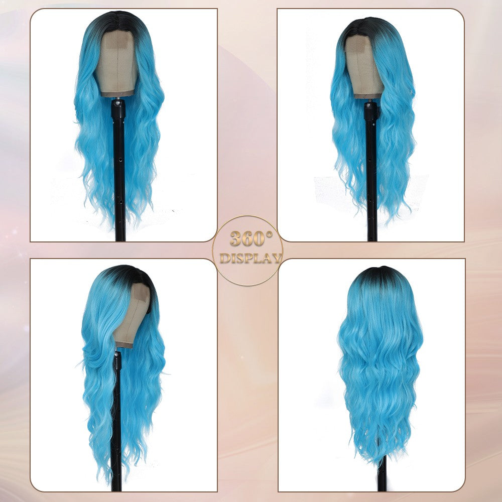 Long Blue Wigs for Women 26 inch Wavy Curly Middle Part Hair Wig Tangle Free Protein Fiber Wig