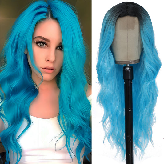 Long Blue Wigs for Women 26 inch Wavy Curly Middle Part Hair Wig Tangle Free Protein Fiber Wig