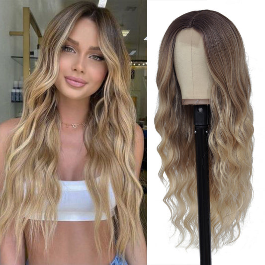 Long Ombre Blonde Wigs for Women 26 inch Wavy Curly Middle Part Hair Wig Tangle Free Protein Fiber Wig