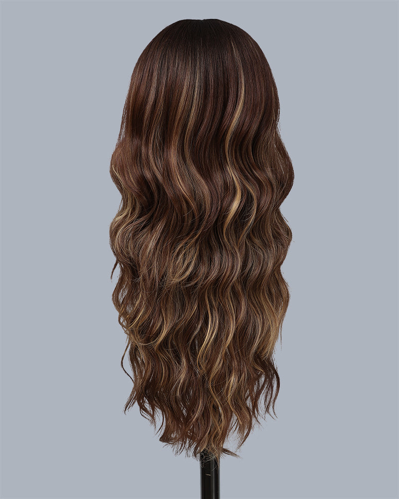 Long Ombre Brown Highlights Blonde Wigs for Women 26 inch Wavy Curly Middle Part Hair Wig Tangle Free Protein Fiber Wig