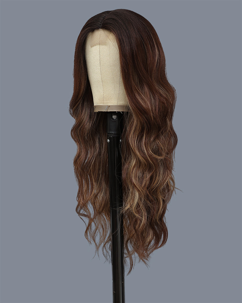 Long Ombre Brown Highlights Blonde Wigs for Women 26 inch Wavy Curly Middle Part Hair Wig Tangle Free Protein Fiber Wig