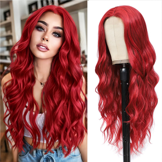 Long Red Wigs for Women 26 inch Wavy Curly Middle Part Hair Wig Tangle Free Protein Fiber Wig