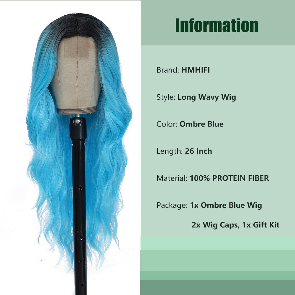 Long Blue Wigs for Women 26 inch Wavy Curly Middle Part Hair Wig Tangle Free Protein Fiber Wig