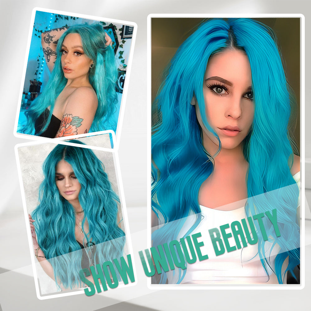 Long Blue Wigs for Women 26 inch Wavy Curly Middle Part Hair Wig Tangle Free Protein Fiber Wig