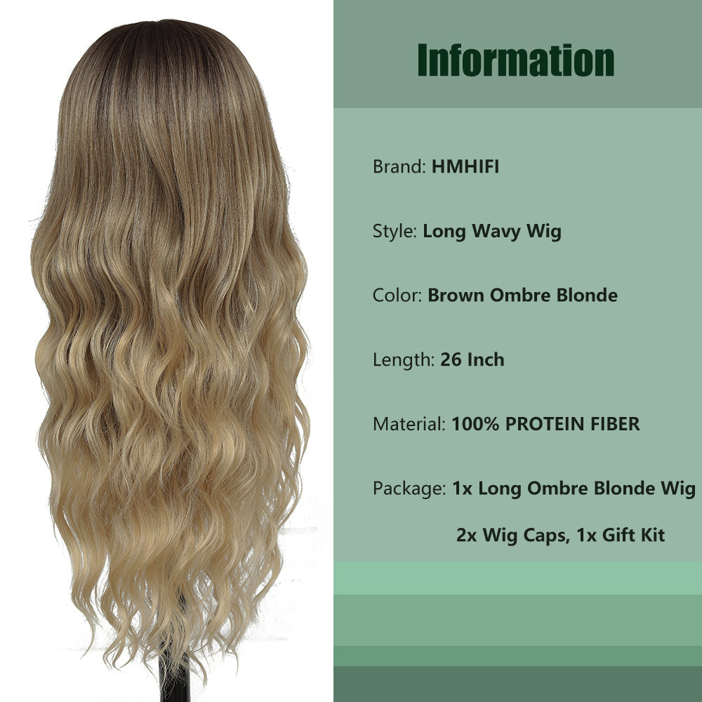 Long Ombre Blonde Wigs for Women 26 inch Wavy Curly Middle Part Hair Wig Tangle Free Protein Fiber Wig