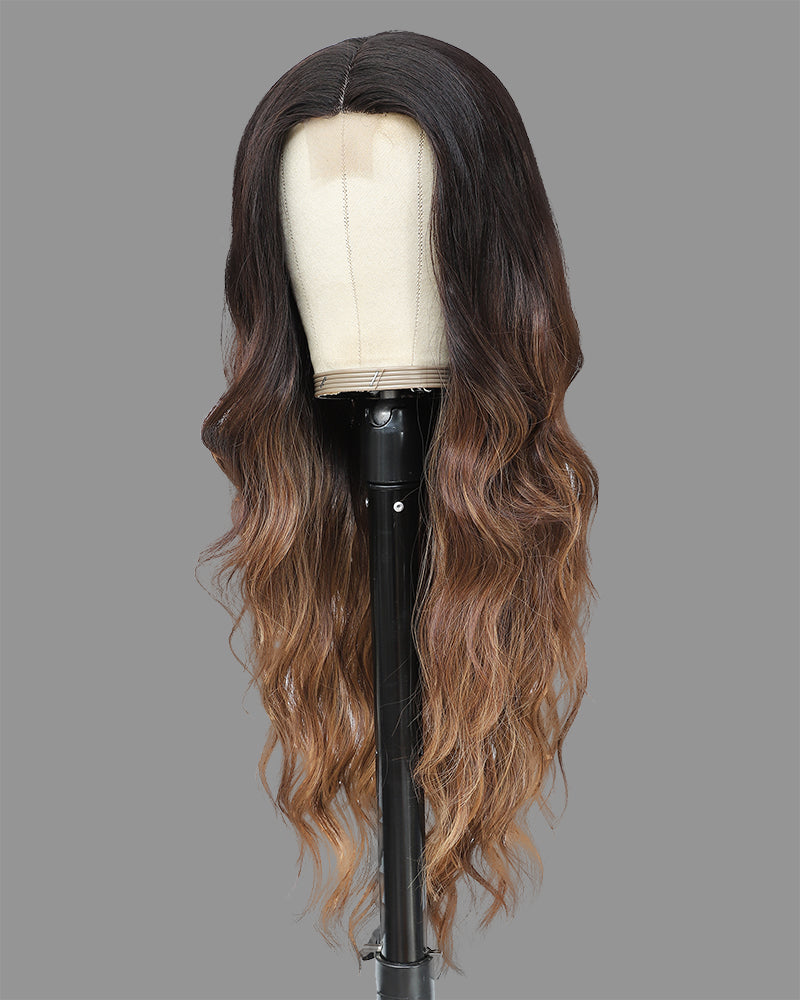 Long Ombre Brown Highlights Blonde Wigs for Women 26 inch Wavy Curly Middle Part Hair Wig Tangle Free Protein Fiber Wig