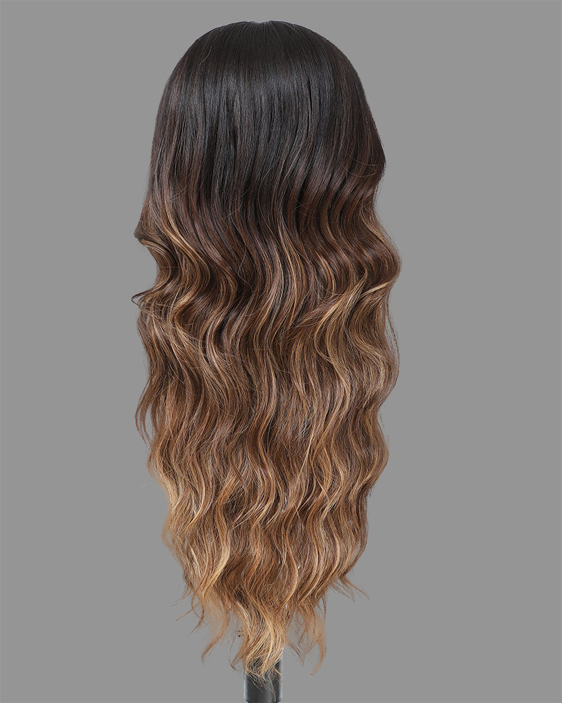 Long Ombre Brown Highlights Blonde Wigs for Women 26 inch Wavy Curly Middle Part Hair Wig Tangle Free Protein Fiber Wig