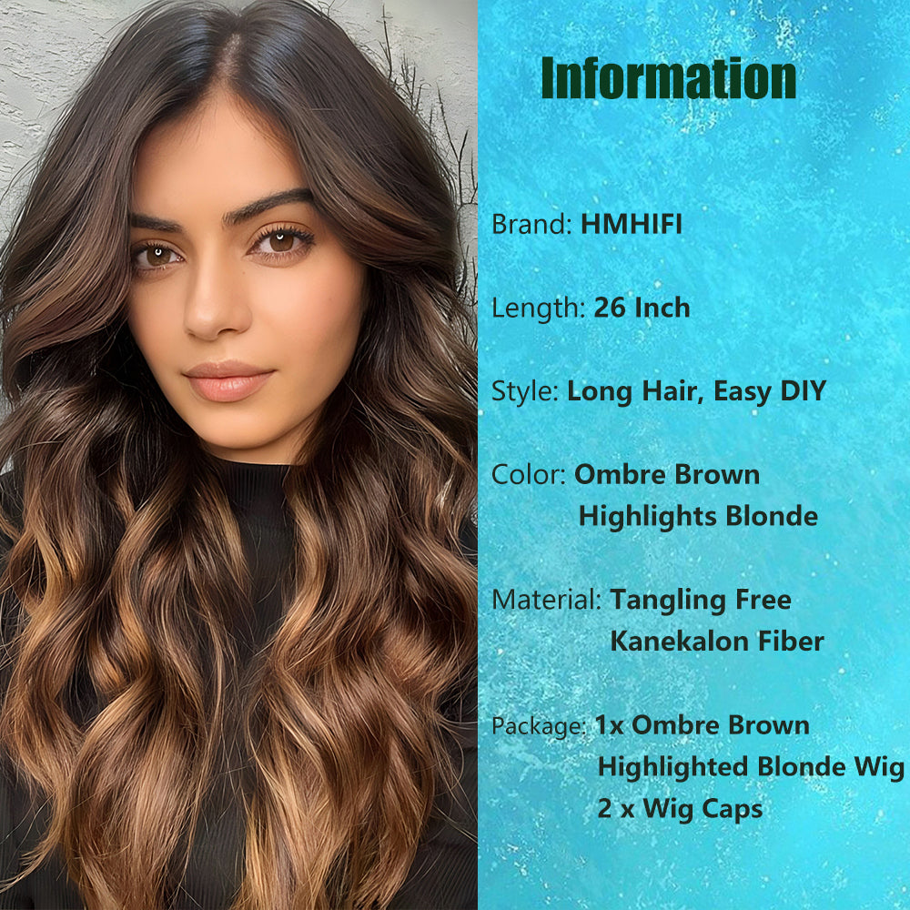 Long Ombre Brown Highlights Blonde Wigs for Women 26 inch Wavy Curly Middle Part Hair Wig Tangle Free Protein Fiber Wig