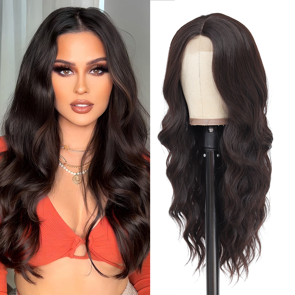 Long Brown Wigs for Women 26 inch Wavy Curly Middle Part Hair Wig Tangle Free Protein Fiber Wig