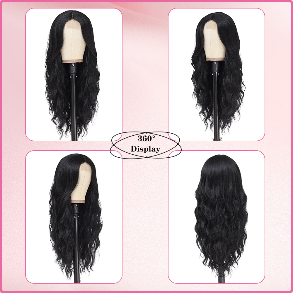 Long Black Wigs for Women 26 inch Wavy Curly Middle Part Hair Wig Tangle Free Protein Fiber Wig