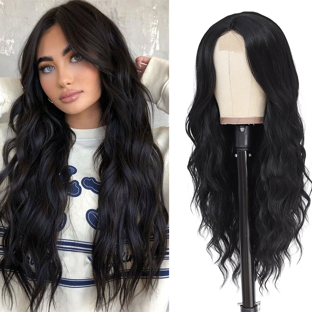 Long Black Wigs for Women 26 inch Wavy Curly Middle Part Hair Wig Tangle Free Protein Fiber Wig