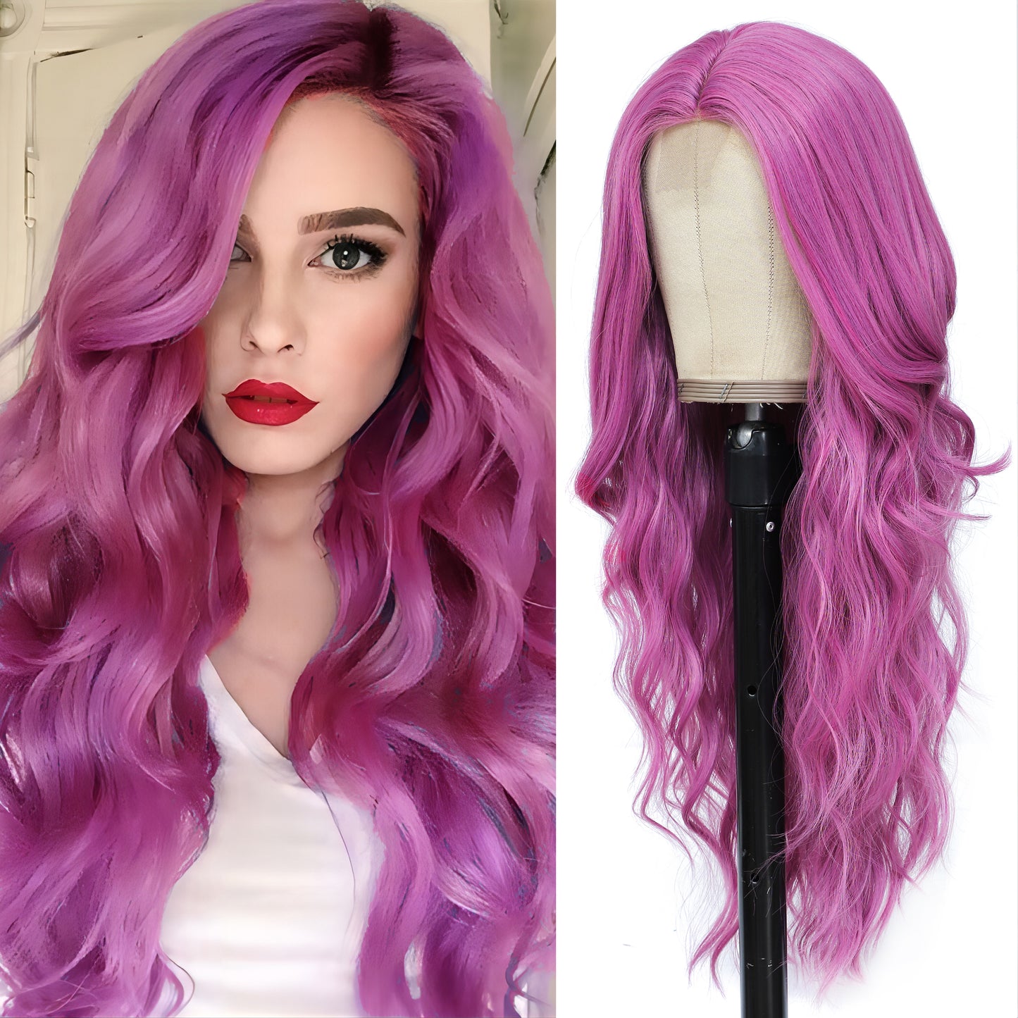 Long Purple Wigs for Women 26 inch Wavy Curly Middle Part Hair Wig Tangle Free Protein Fiber Wig