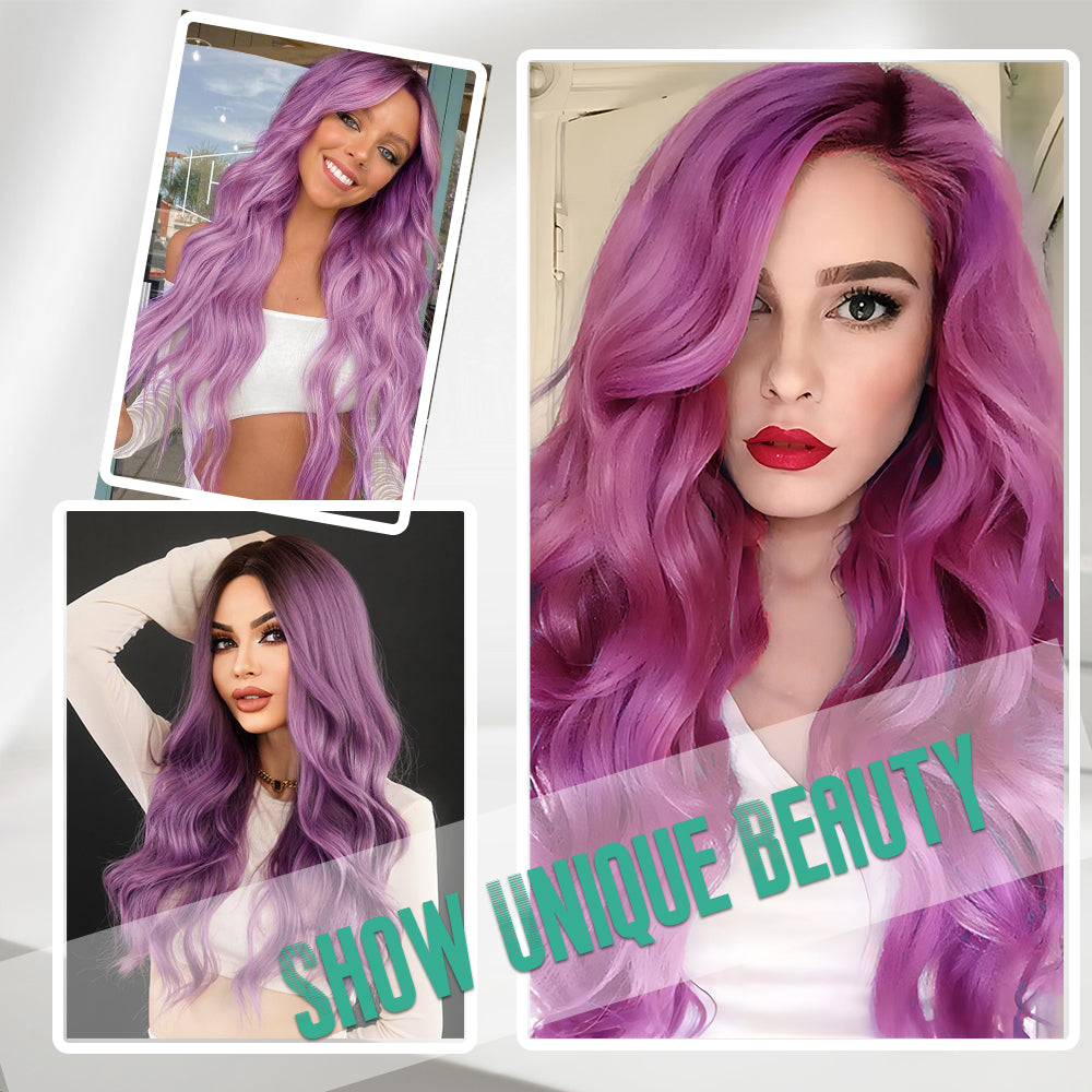 Long Purple Wigs for Women 26 inch Wavy Curly Middle Part Hair Wig Tangle Free Protein Fiber Wig