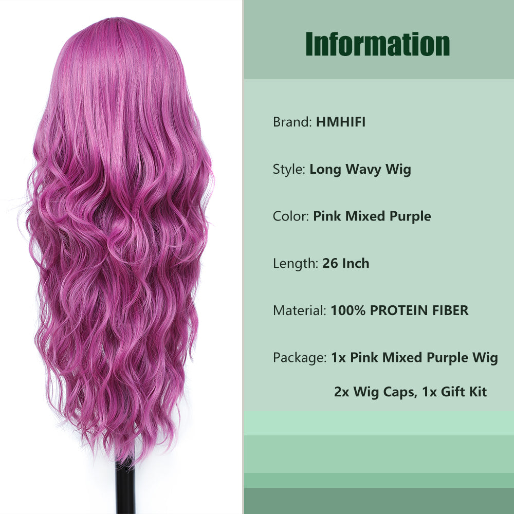 Long Purple Wigs for Women 26 inch Wavy Curly Middle Part Hair Wig Tangle Free Protein Fiber Wig