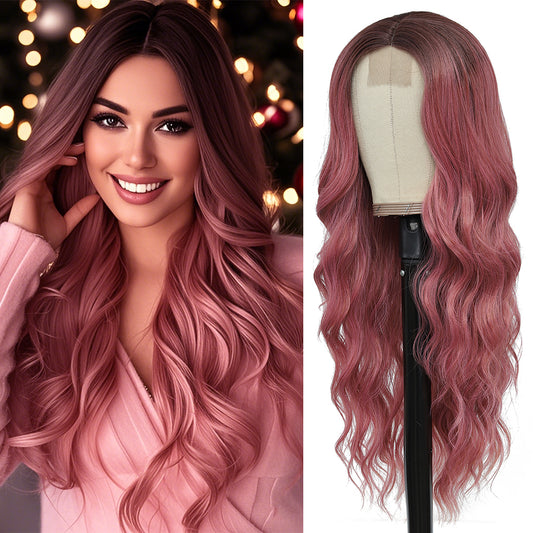 Long Ombre Pink Wigs for Women 26 inch Wavy Curly Middle Part Hair Wig Tangle Free Protein Fiber Wig